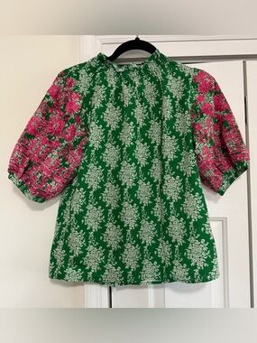 THML Floral Embroidered Blouse Green Pink Puff Sleeve Size XS